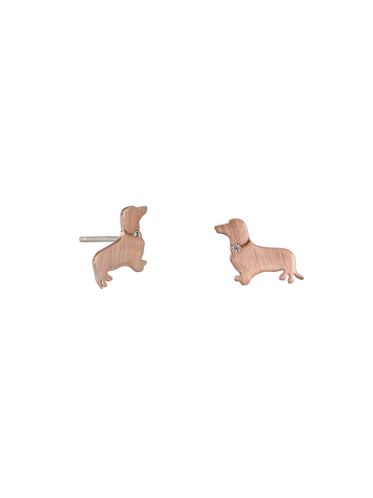 minimalist rose gold dog shaped studs with cubic zirconia and surgical steel posts