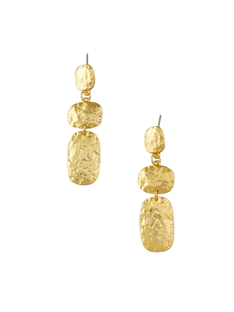 two gold earrings with three areas to each