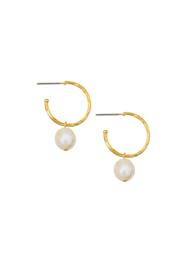 shiny gold hoop earrings with a pearl charm and surgical steel posts, rubis pearl hoops
