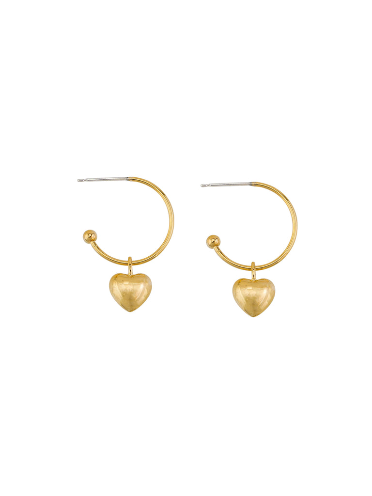 gold hoop earrings with gold hearts and surgical steel posts, petite love heart hoops