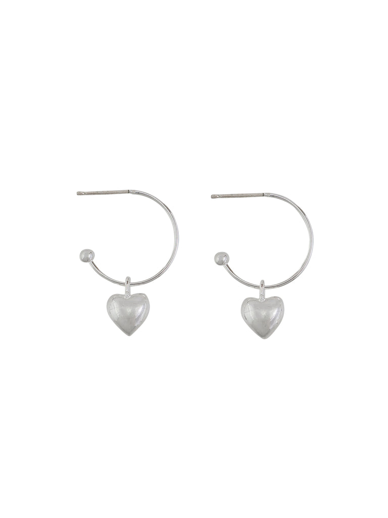 silver hoop earrings with silver hearts, petite love heart hoops