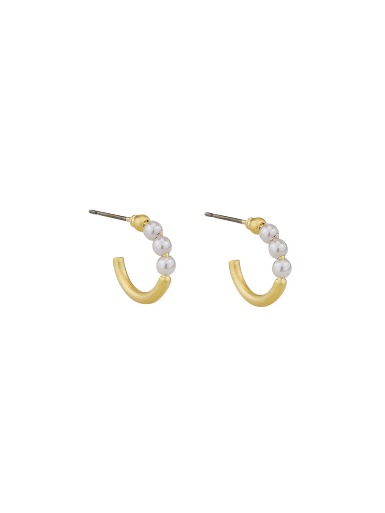 half circle gold hoops with three pearls, earrings have surgical steel posts