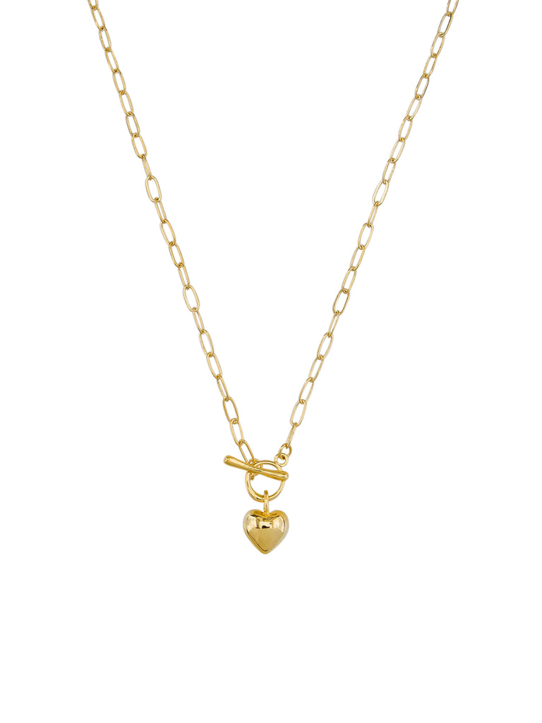 minimalist gold necklace with fob and gold heart