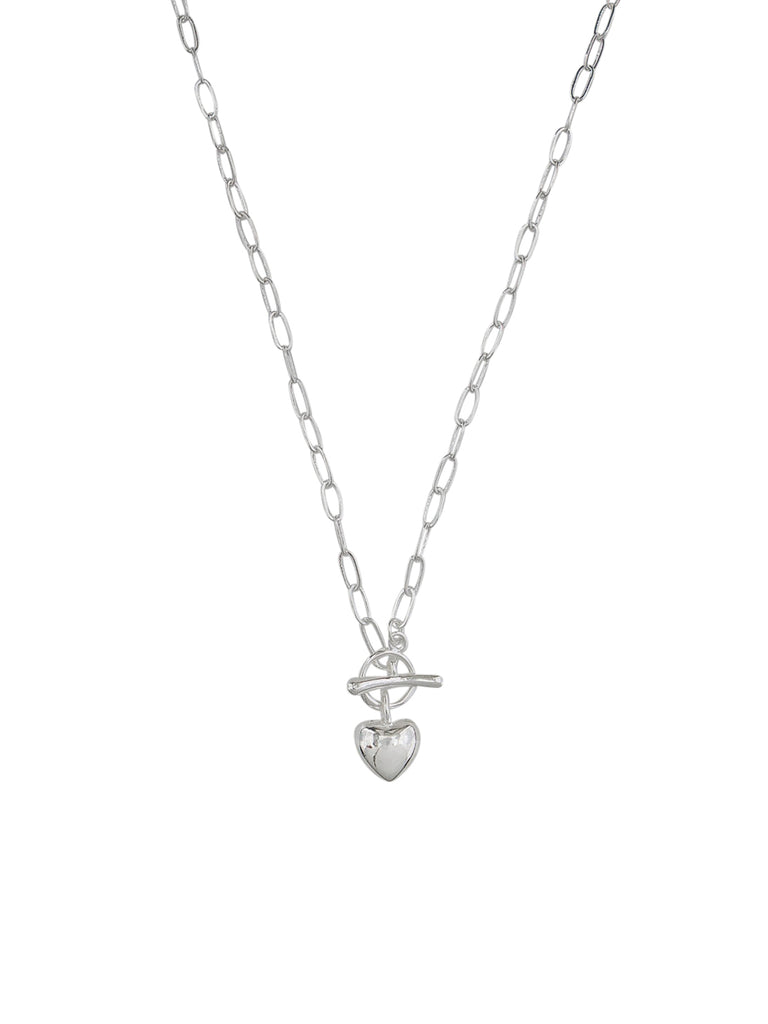 minimalist silver necklace with fob and silver heart