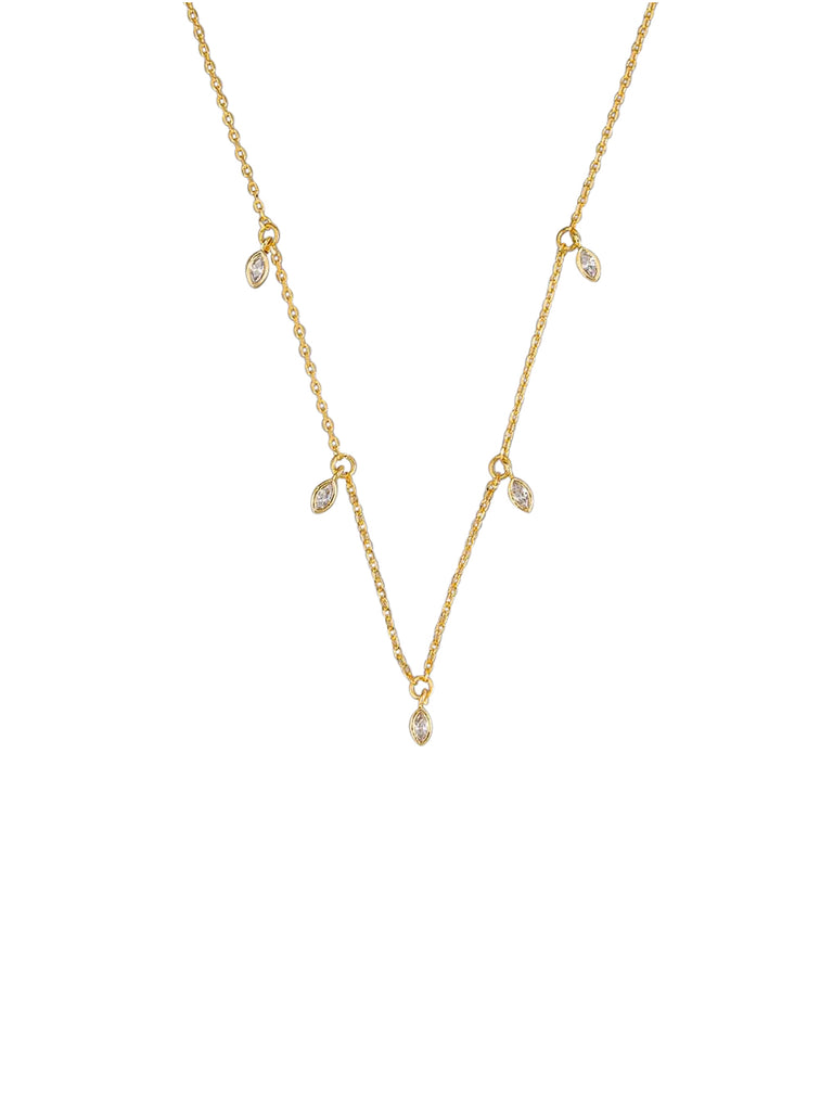 delicate gold necklace with five tiny cubic zirconia drops attached to the necklace