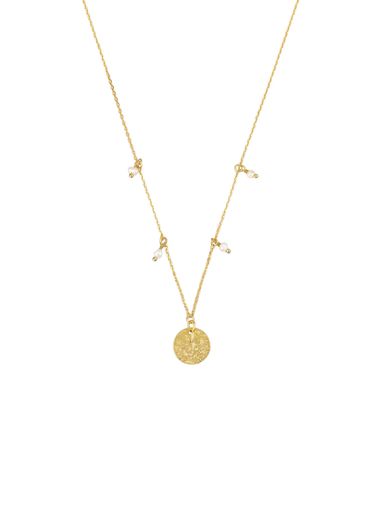 Gold necklace with gold disc pendant and four pearls as part of the chain